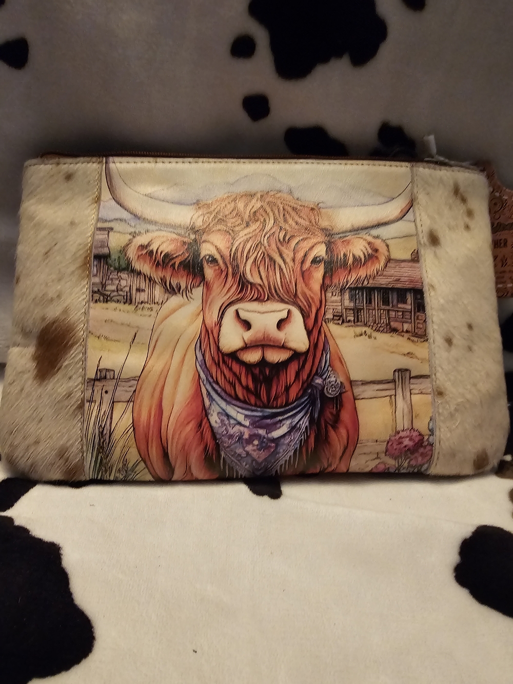 Western Linen Highland Cow Printed Crossbody Clutch Bag